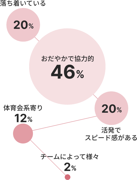 会社の雰囲気は「おだやかで協力的」が46%と最も多く、次いで「落ち着いている」と「活発でスピード感がある」が共に20%、「体育会系寄り」が12%、「チームによって様々」が2%となっており、全体的におだやかで協力的な文化が主流となっています。