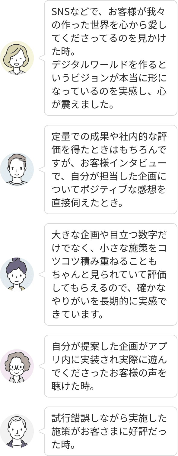 SNSやインタビューを通じて、お客様がプロダクトを心から楽しんでいる声を直接聞ける瞬間に大きなやりがいがあります。大きな成果だけでなく地道な試行錯誤も正当に評価される文化があり、自ら提案した企画が形になってお客様に届く喜びを実感しながら、ビジョンの実現に向けて長期的に成長できる環境です。