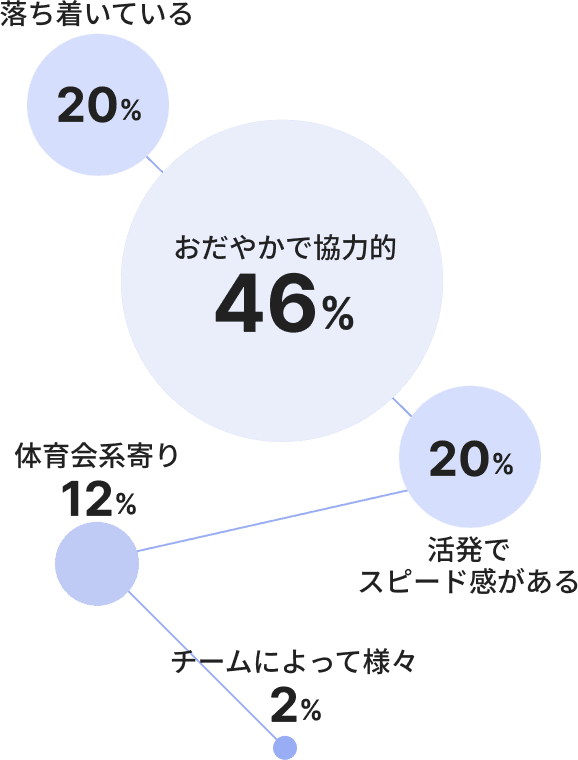 会社の雰囲気は「おだやかで協力的」が46%と最も多く、次いで「落ち着いている」と「活発でスピード感がある」が共に20%、「体育会系寄り」が12%、「チームによって様々」が2%となっており、全体的におだやかで協力的な文化が主流となっています。